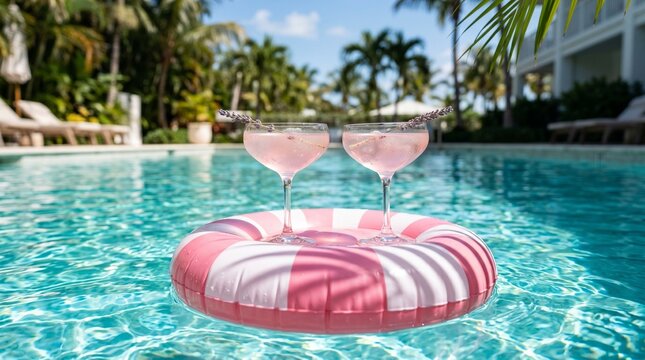 Two elegant couple glasses filled with a light pink cocktail, placed on a circular, pink and white striped inflatable pool