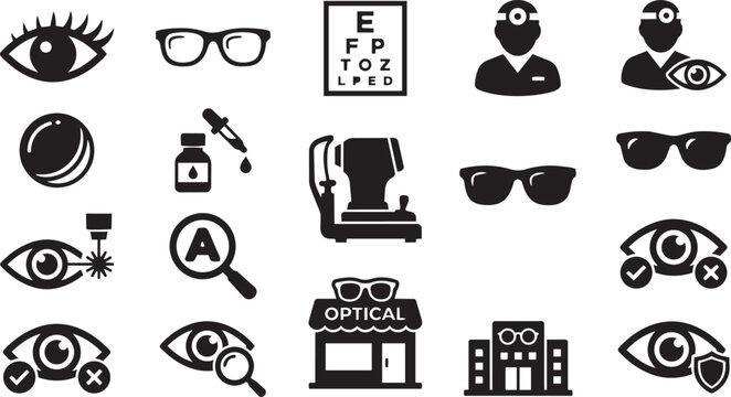Ophthalmology and optometry icon set, 18 black vector symbols for eye care, vision health and optical clinic services, medical diagnostic equipment