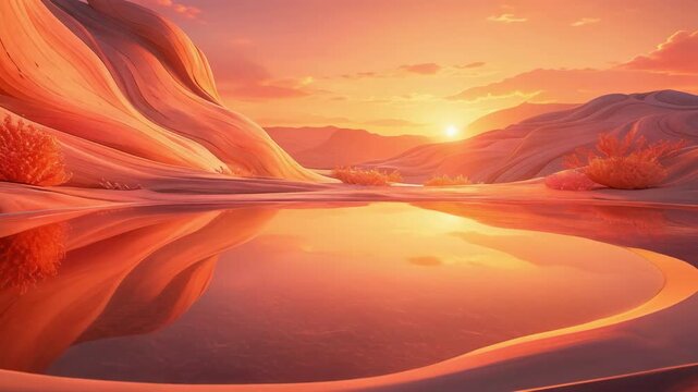 Sunset over smooth red rock formations with reflective water and desert bushes