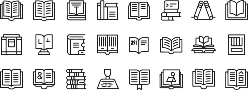 Books and Documents Icon Set with Open Book, Libraries, Folders, Notebooks, and Magnifier Symbols for Learning