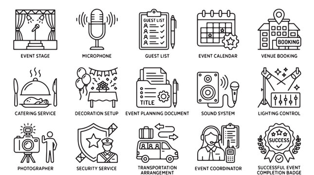 Event planning icons, 16 festival and conference symbols, line art style, black and white vector graphics