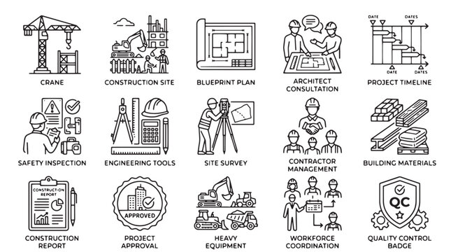 Construction icons, building architecture symbols, engineering signs, 16 project management illustrations