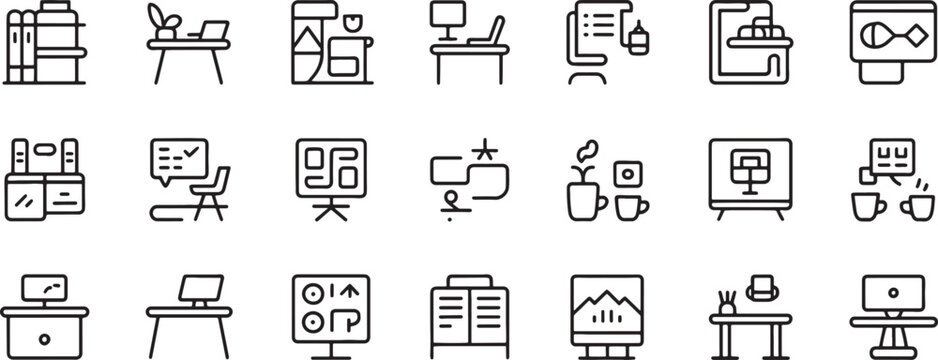 Computer and Office Equipment Line Icon Set Showing Printers, Monitors, Desk Tools, and Workflow Concepts in Black Outline