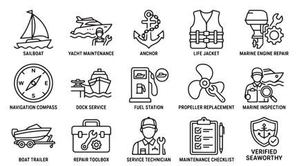 Marine icons, boat maintenance symbols, nautical graphics, 16 vector illustrations © Rosie