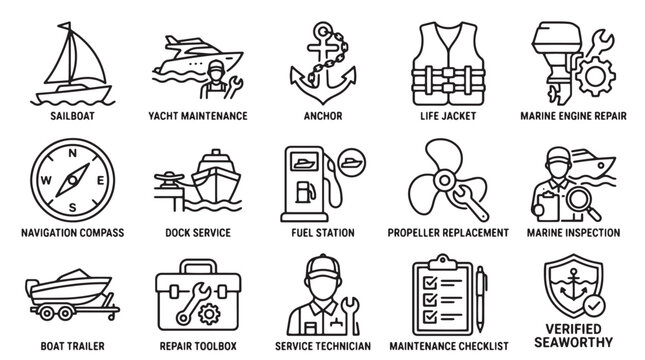 Marine icons, boat maintenance symbols, nautical graphics, 16 vector illustrations