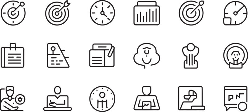 Clock, Target, File, Folder and Gear Icons Set in Thin Black Line Art for Office and Productivity Themes