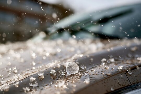 Large hailstones scattered across a vehicle surface during a severe storm triggered by extreme summer heat, representing climate volatility, property damage and insurance risk