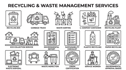 Obraz premium Recycling services, waste management icons, eco friendly symbols, vector graphics