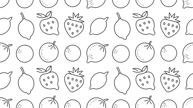 Seamless pattern with hand drawn fruits lemon strawberry orange on white background