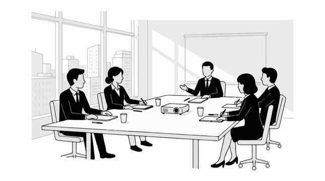 A monochrome illustration of a business meeting in a modern office setting