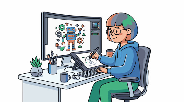 A person in a blue hoodie works on a computer with a graphics tablet