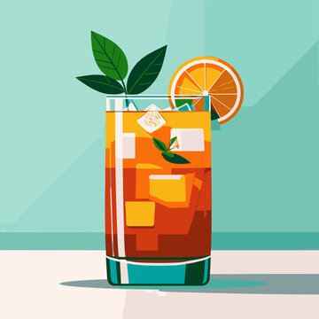 A refreshing summer drink with tea ice cubes, oranges and leaves on a table