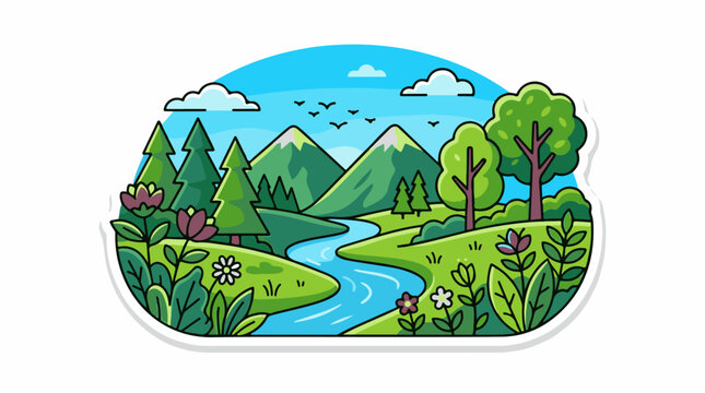 A serene cartoon landscape with a river, mountains, trees, and flowers