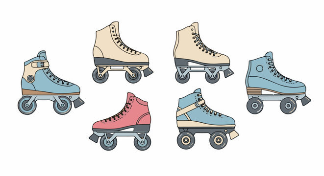 A set of six colorful roller skates in different styles and colors