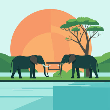 A serene landscape featuring two elephants and a tree by a body of water at sunset