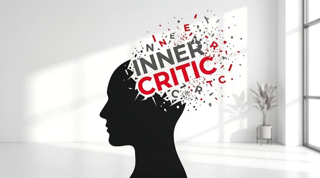 Silhouette of human head with exploding inner critic text