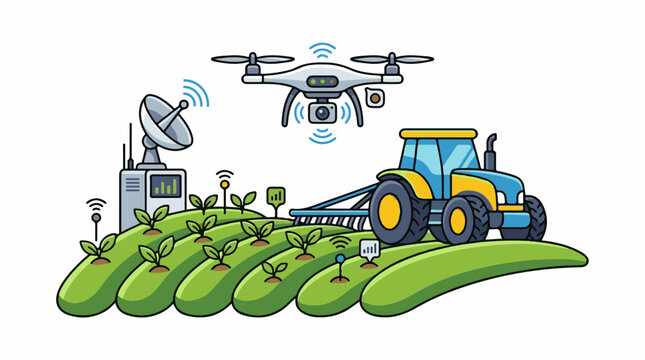 A tractor and drone assist in modern farming with technology