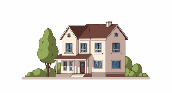 A two-story house with a brown roof and beige walls