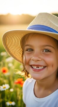 Young girl in straw hat smiles in sunlit field of wildflowers, warm glow