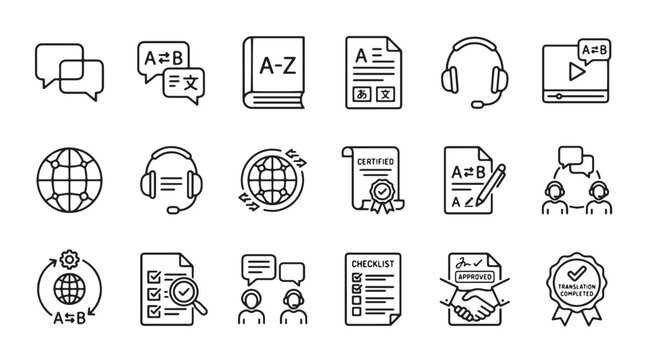 Language translation and interpretation services icon set, 18 linear vector icons for global communication, multilingual education and dictionary symbols