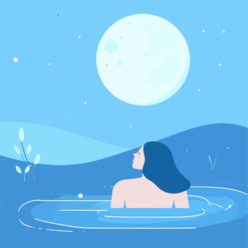 A woman in water gazes at the moon