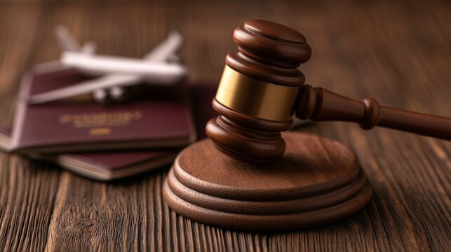 Gavel, passport, and toy airplane on wooden table representing immigration lawyer advising on visa and residency case.
