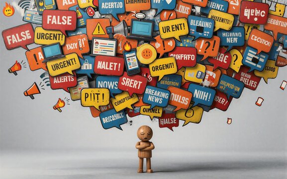 Overwhelmed by fake news, a small figure stands beneath chaotic digital alerts and urgent messages.