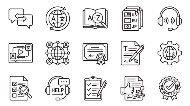 Language translation line icons, 15 global communication vector elements, foreign language learning and online education symbols for web design