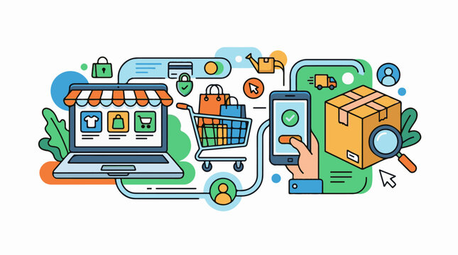 Colorful illustration depicts online shopping process with laptop and phone