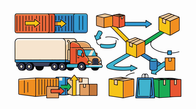Colorful illustration of a truck and various packages with arrows