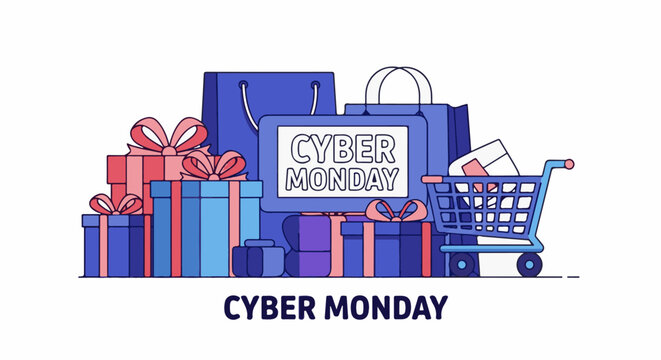 Colorful illustration of Cyber Monday shopping with gifts and cart
