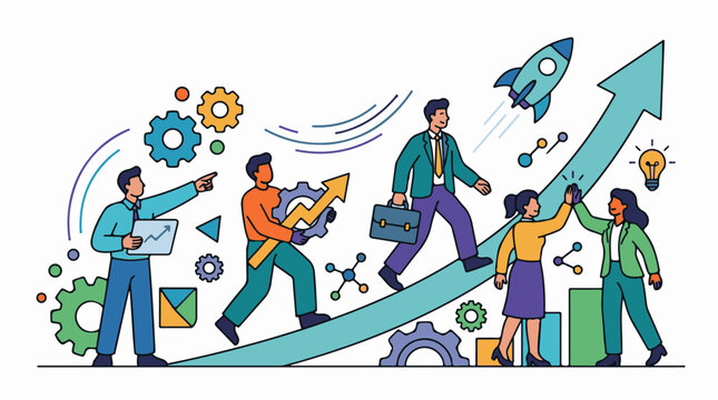 Colorful illustration of business professionals with growth graph