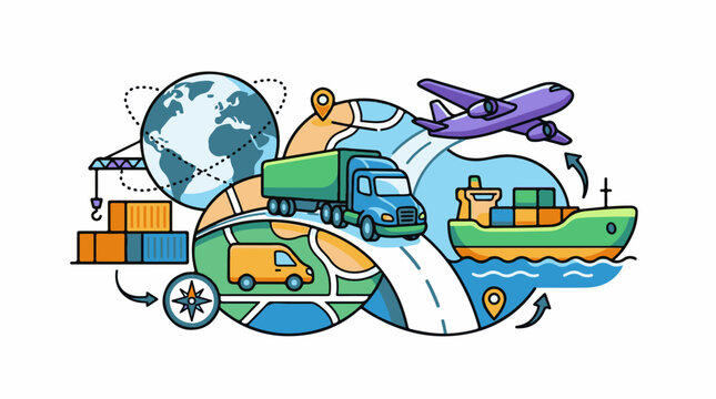 Colorful illustration of global logistics with truck, ship, plane, and van transporting containers