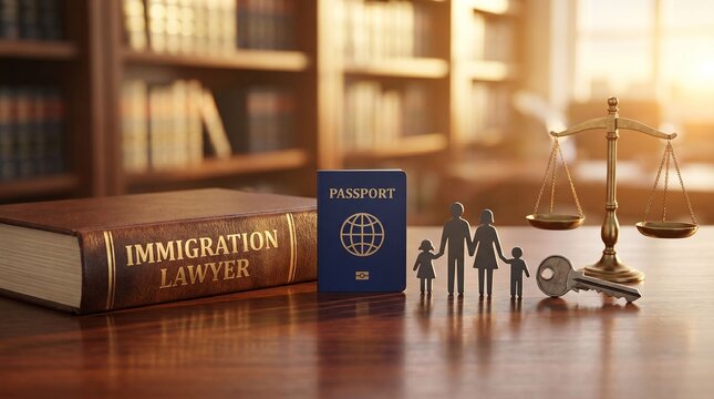 Desk with immigration lawyer book, passport, family figure, scale of justice and law book symbolizing legal assistance for immigration and family reunification.