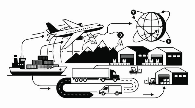 Logistics and transportation system with airplane, ship, truck, and warehouse