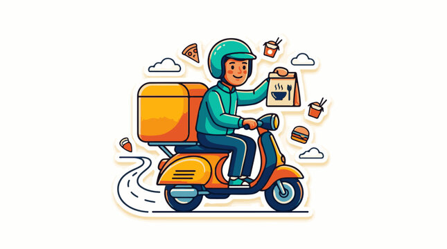 Smiling delivery person on orange scooter with food