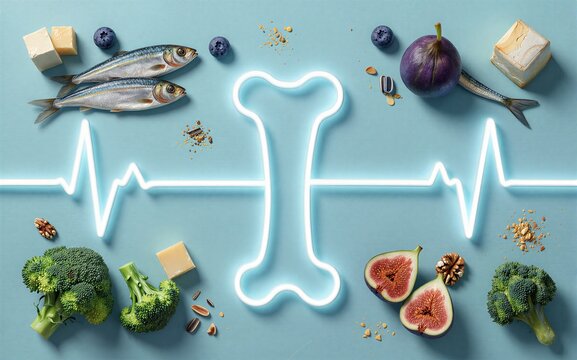 Healthy bones & heart health: fish, cheese, broccoli, figs, nuts on a blue background.