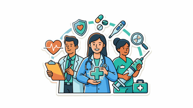 Medical professionals with healthcare symbols
