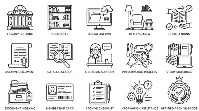 Library and Archive Icon Set, 15 Linear Vector Icons for Education and Document Management, Black Outline Symbols for Digital Storage and Research