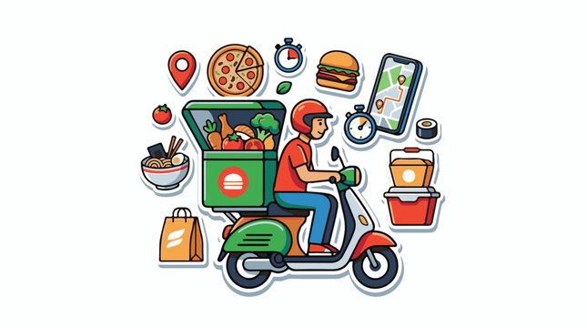 A food delivery person on a scooter surrounded by various food items and navigation tools