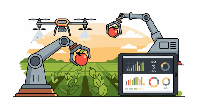 A futuristic farm scene with robotic arms and a drone harvesting apples