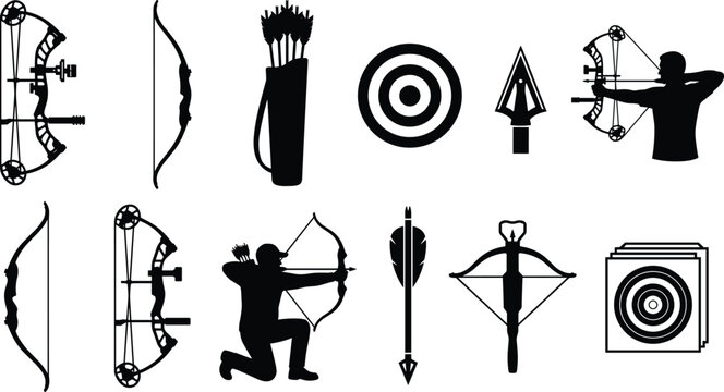 Archery Sports Icon Set Featuring Compound Bows, Recurve Bows, Archers, Quivers, Arrows, Crossbows, and Targets for Outdoor Hunting and Target Shooting Designs