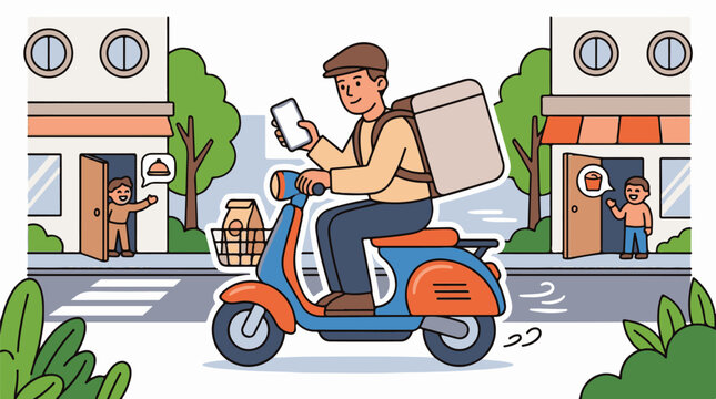 A delivery person on a scooter delivering food to two people