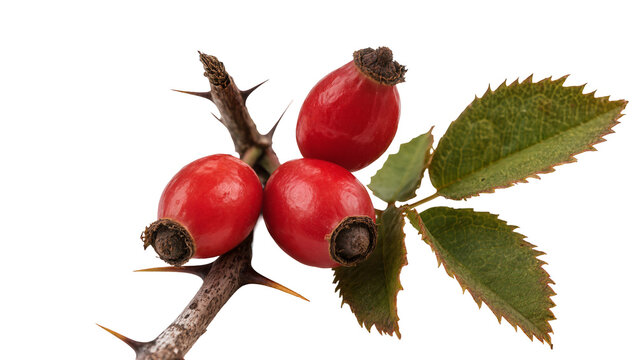 Isolated fresh red rosehip fruits on a thorny branch with green leaves, close-up view