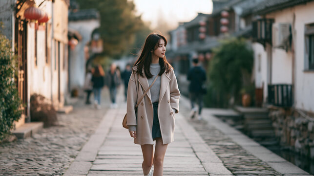 Woman in a light dress walking down a sunny cobblestone street