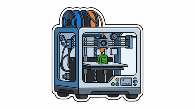 A digital illustration of a 3D printer with a green object on its build plate
