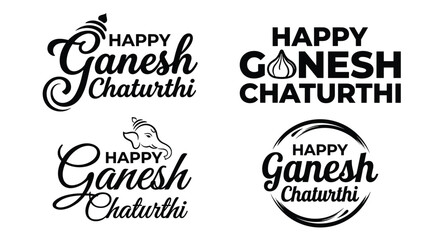 Obraz premium Happy Ganesh Chaturthi Vector Set with Stylized Calligraphy and Ganesha Head Outline for 2026 Celebrations