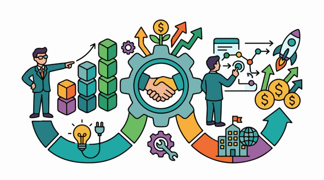 A colorful infographic depicts business partnership and growth