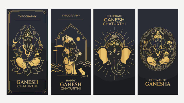 Elegant Vector Ganesha Chaturthi Banners with Gold Outline and Dark Background for 2026 Celebrations