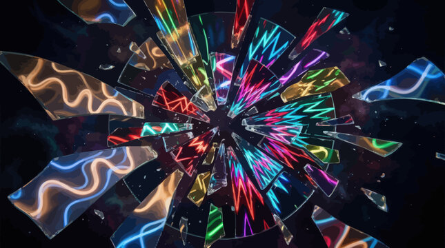 Abstract shattered glass shards with neon wave reflections on black background